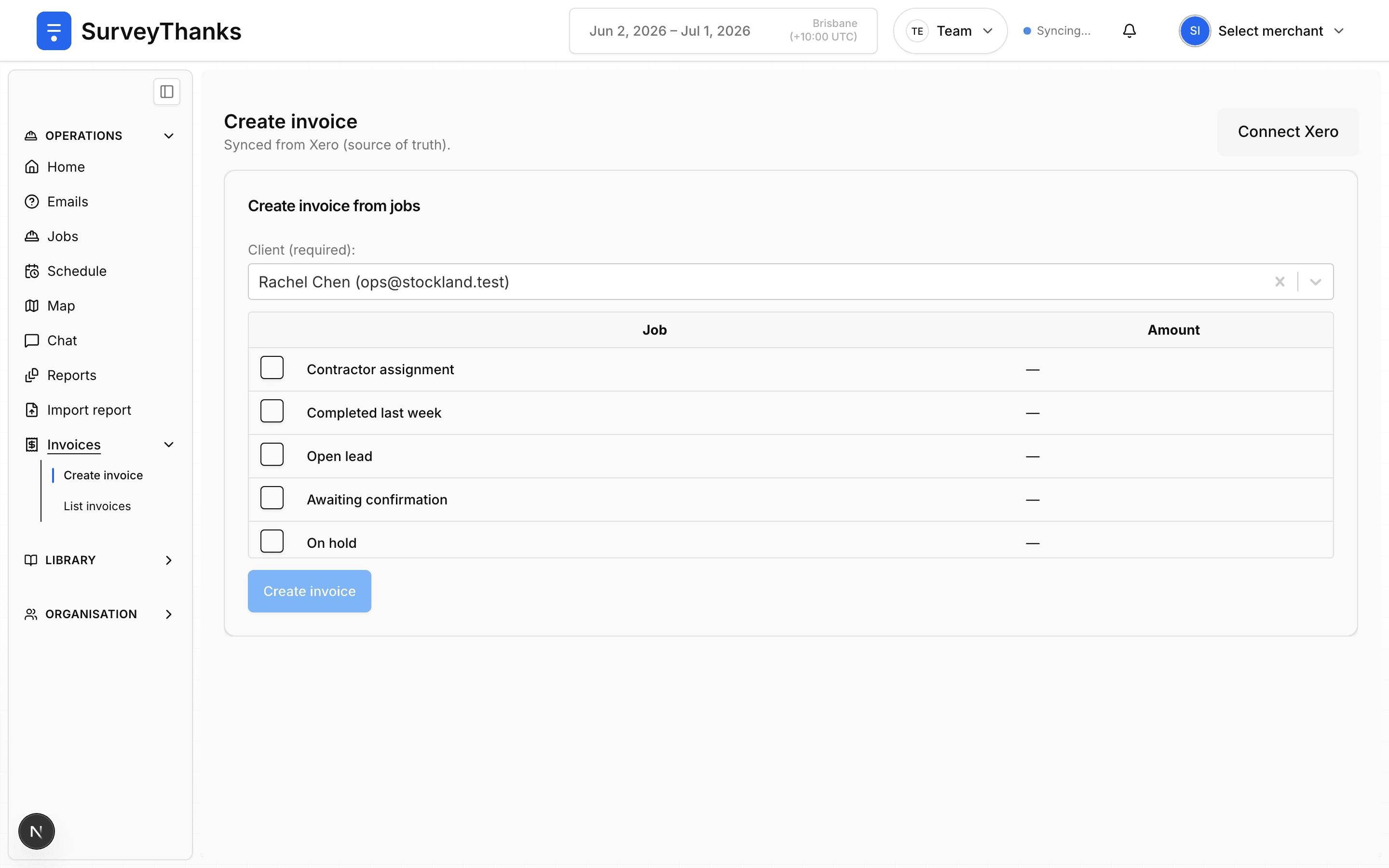Invoicing synced with Xero